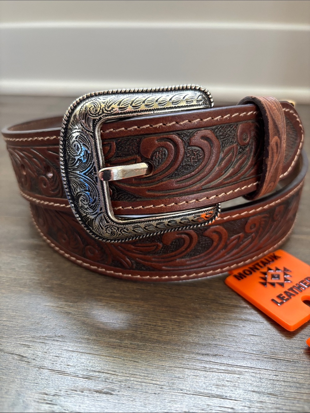 Montauk Genuine Leather Tooled Western Rodeo,filigree buckle,single stitch edge